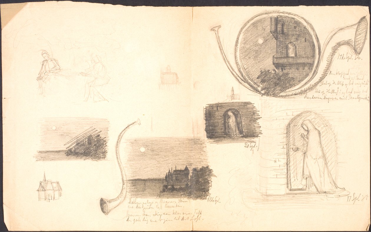 Hoja de bocetos con varios motivos y notas de Agnes Slott Møller