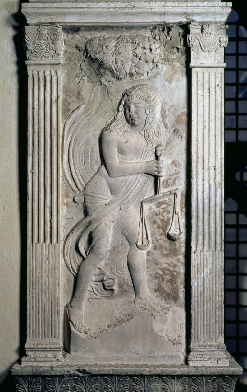 Libra representada por un joven sosteniendo una balanza, de una serie de relieves que representan los símbolos planetarios y signos del zodiaco, c.1450 de Agostino di Duccio