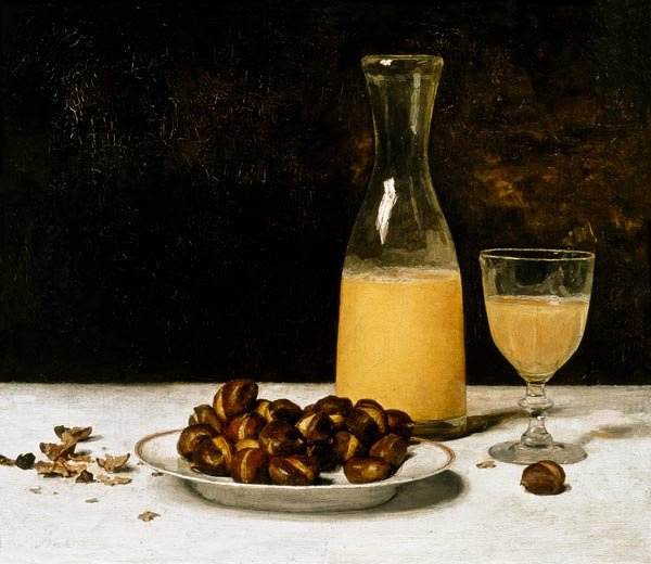 Bodegón con vino y castañas de Albert Anker