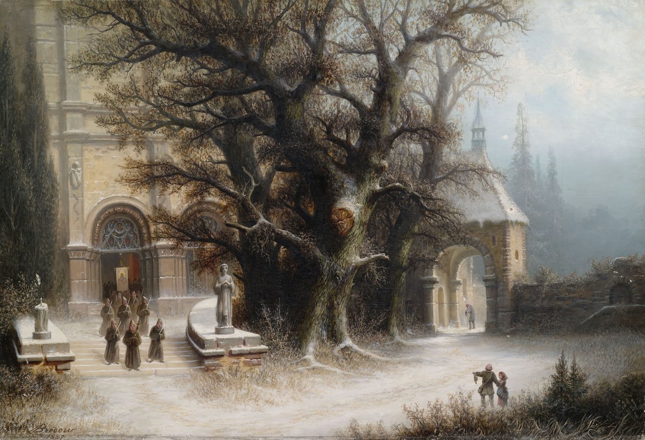 Procesión en un monasterio nevado de Albert Bredow