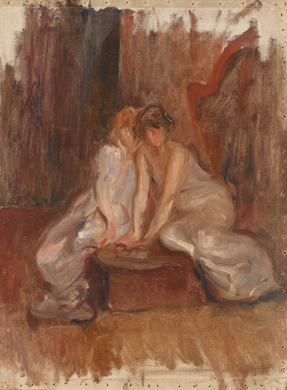 Dos mujeres sentadas junto a un arpa - c.1900 de Albert de Belleroche