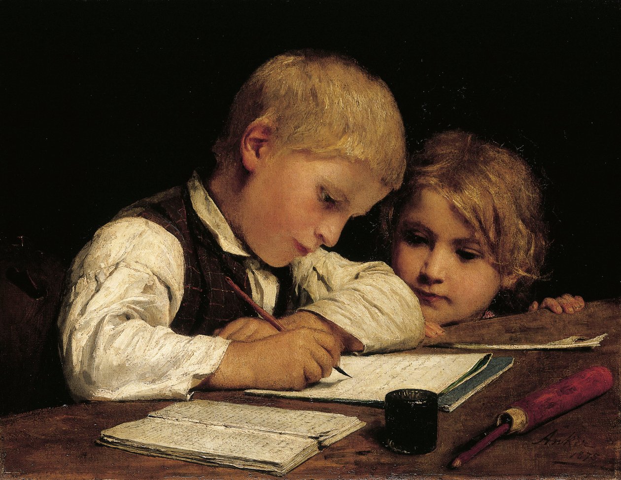 Niño escribiendo con su hermana de Albert Anker