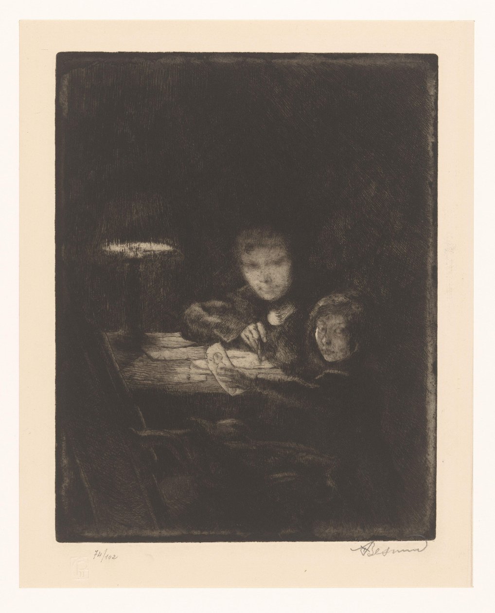 Dibujo de niños en el crepúsculo de Albert Besnard (signed by artist)