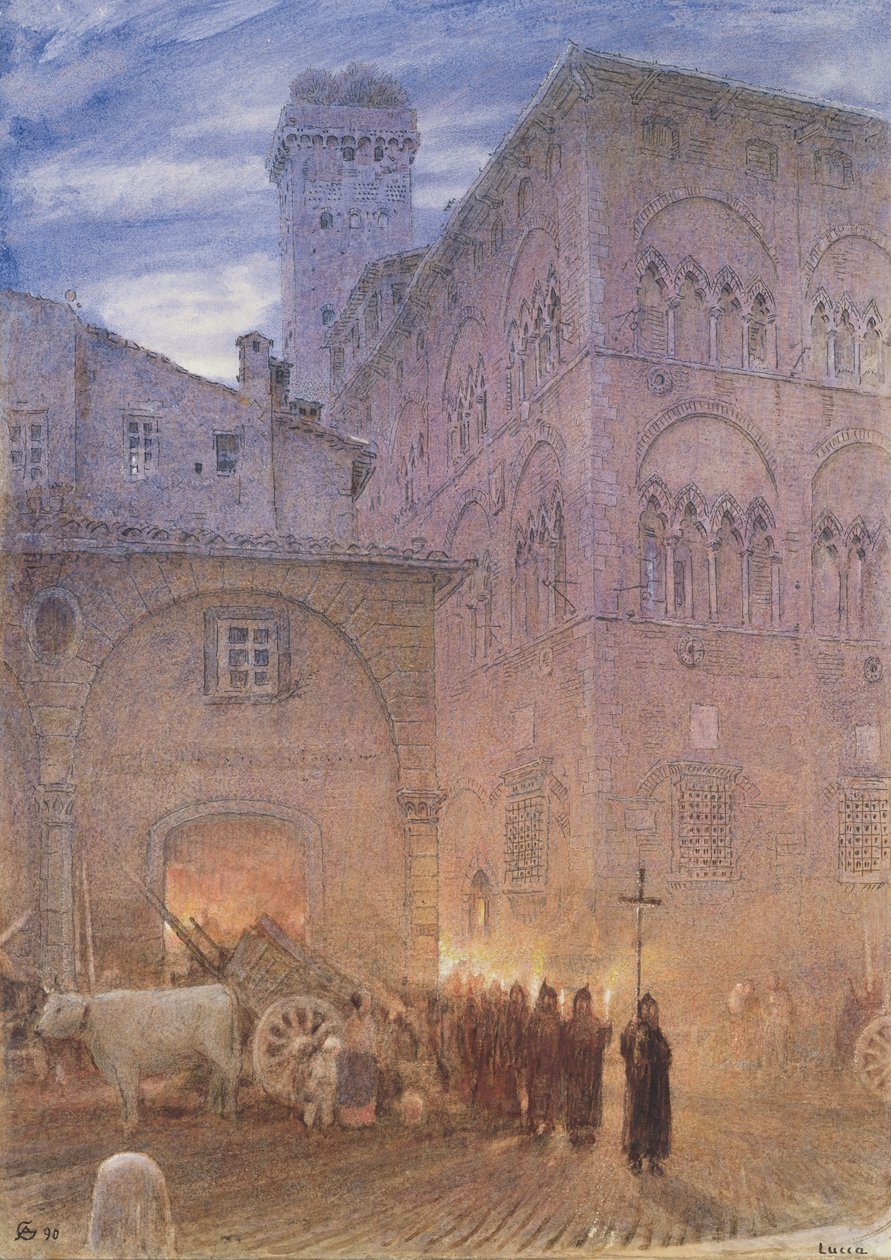 Lucca; Toscana; procesión religiosa; carro; vaca; de Albert Goodwin