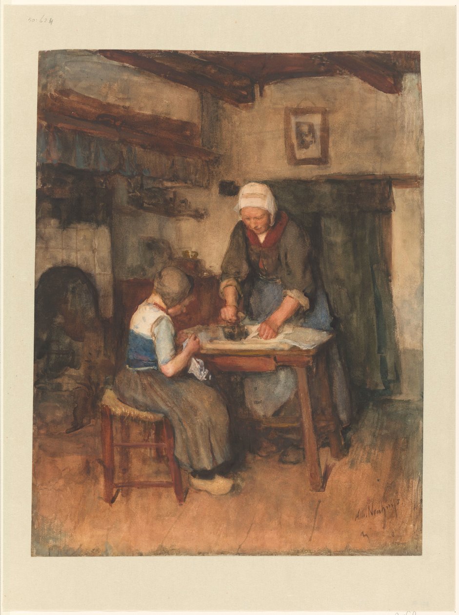 Interior con mujer planchando y niño cosiendo de Albert  Neuhuys