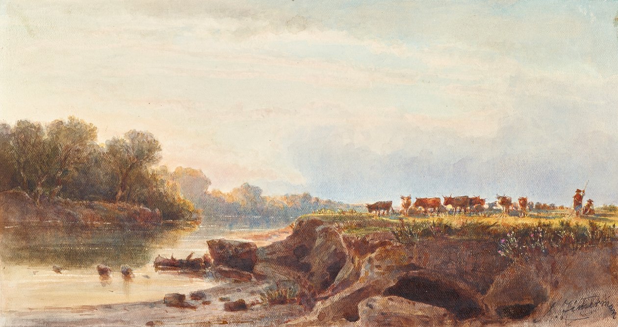 Paisaje de río con rebaño de vacas. de Albert Zimmermann