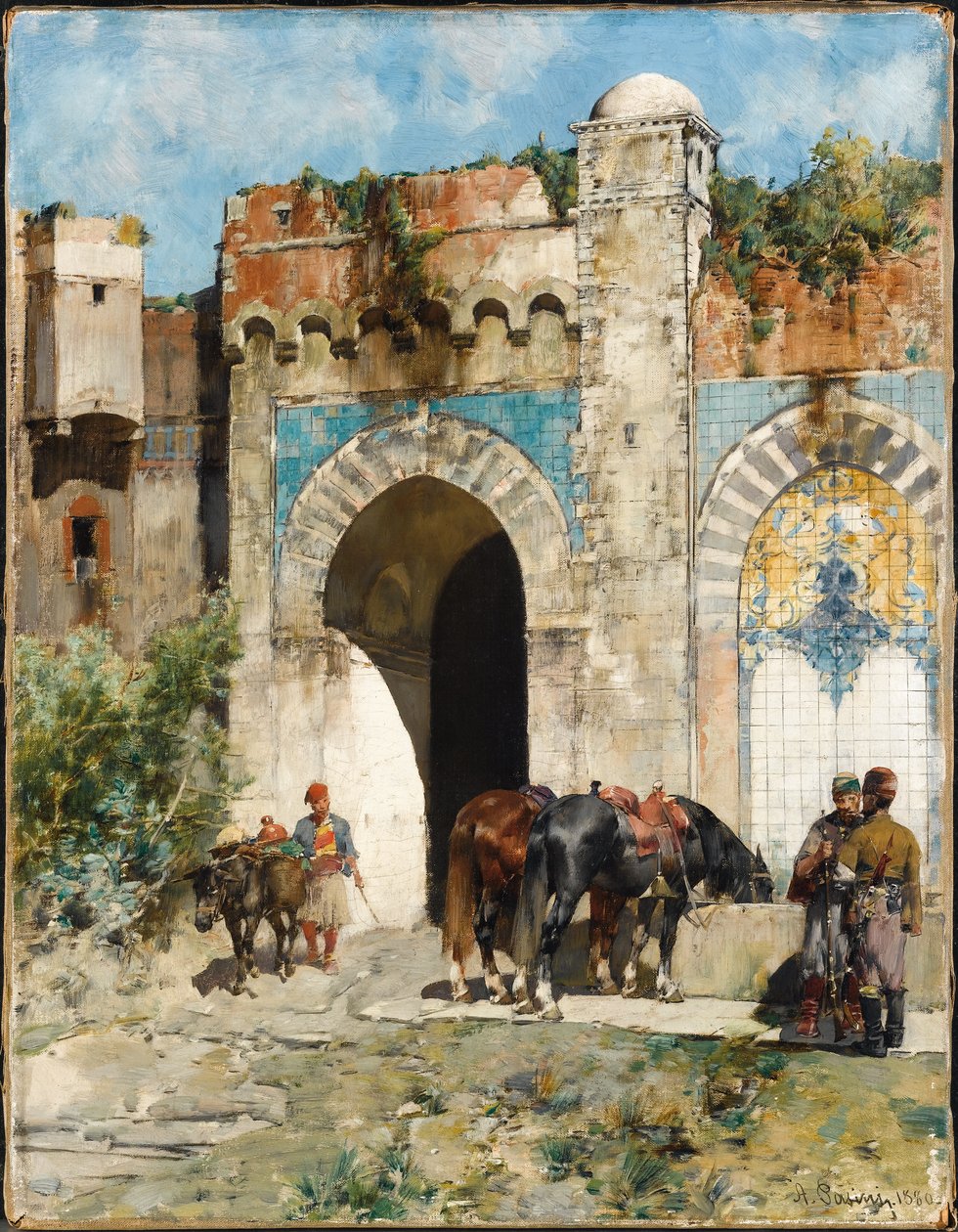 Abrevando los caballos, 1880 de Alberto Pasini