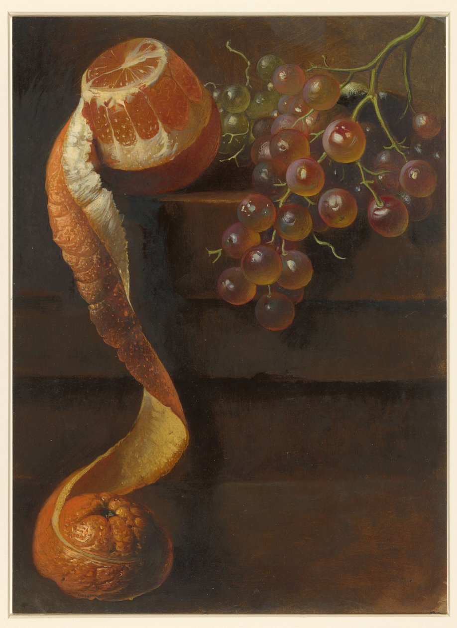 Bodegón con naranja pelada y racimo de uvas de Albertus Steenbergen