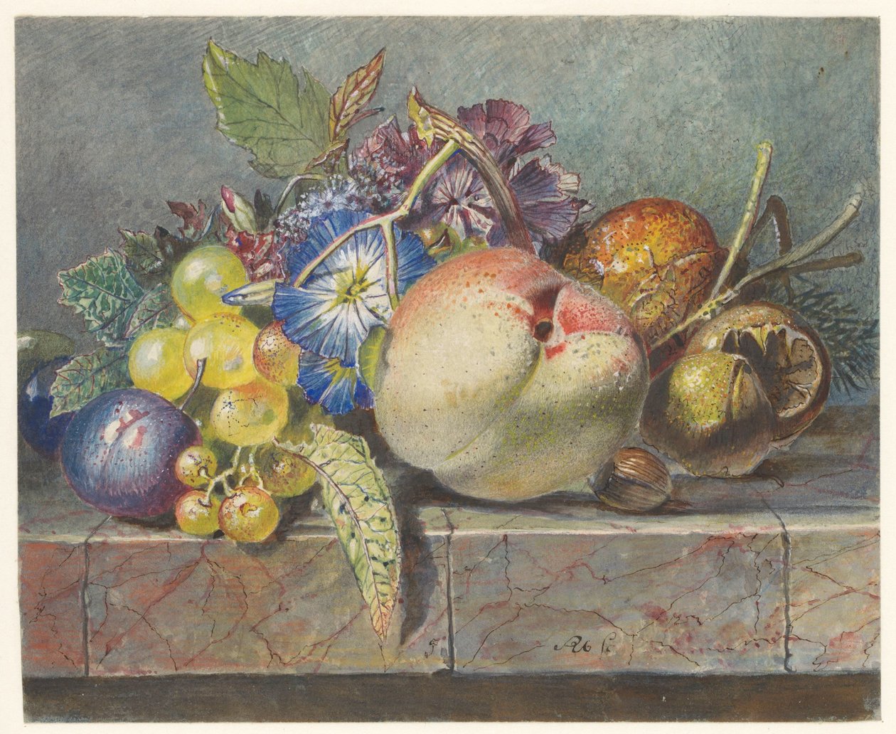 Bodegón de frutas y flores de Albertus Steenbergen