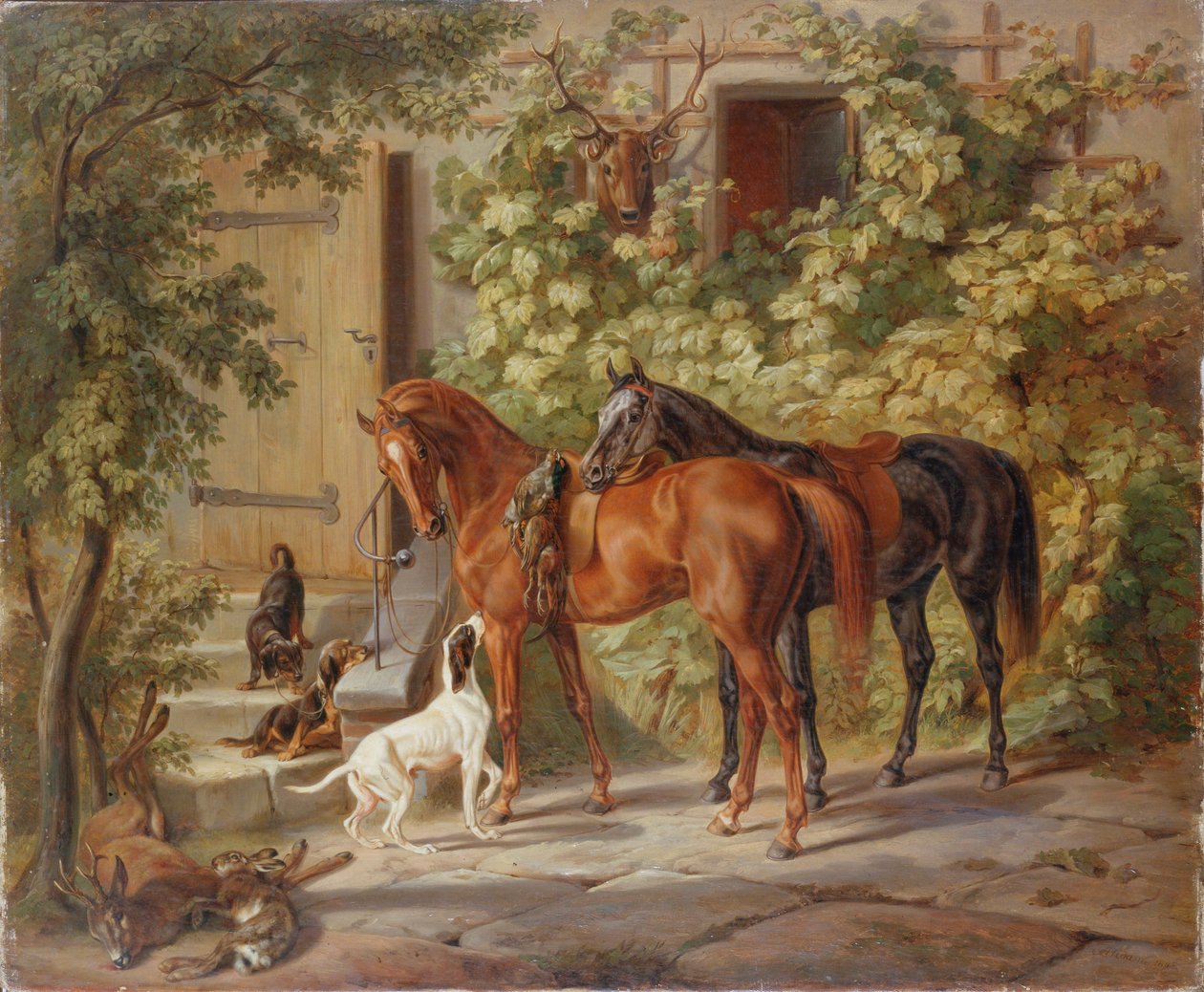 Caballos en el porche, 1843 de Albrecht Adam