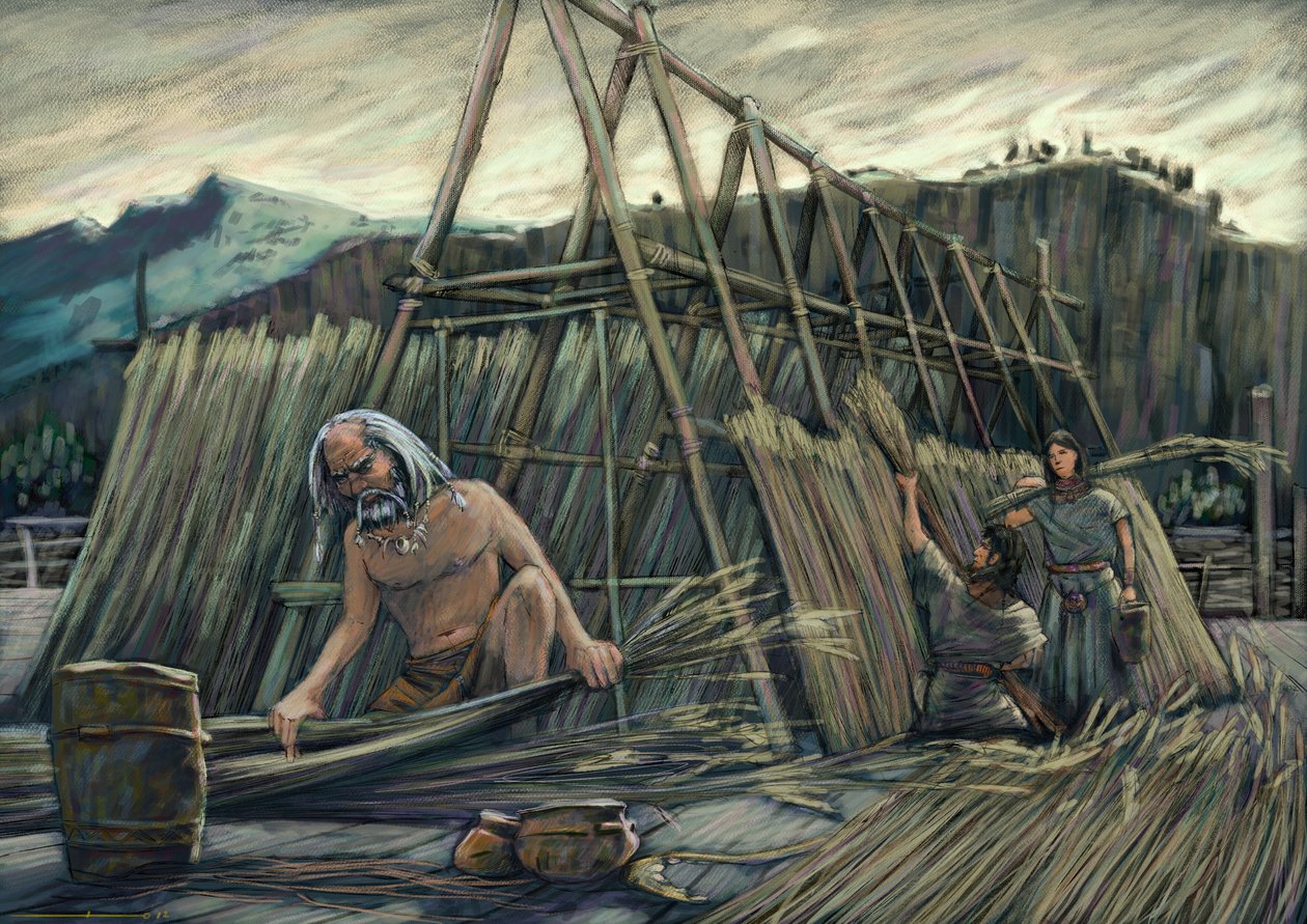 Construcción de casas palafíticas, casas prehistóricas. de Alessandro Lonati