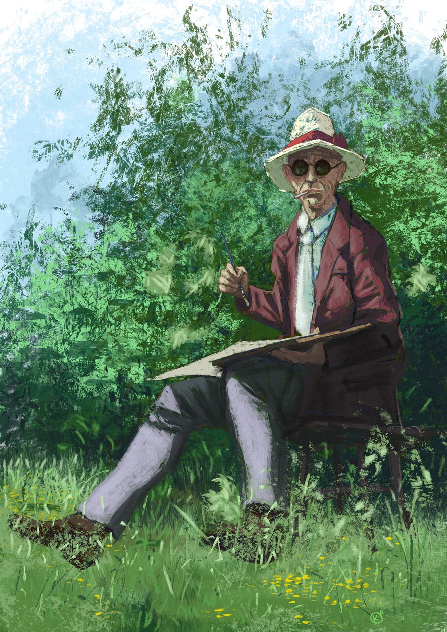 Hermann Hesse pintando en el jardín de Alessandro Lonati