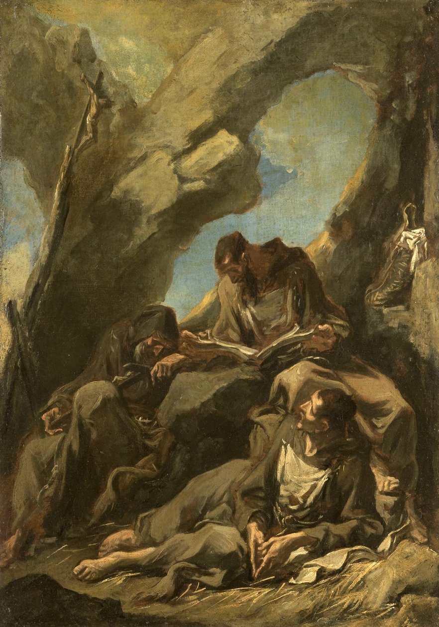 Tres monjes capuchinos meditando en oración de Alessandro Magnasco