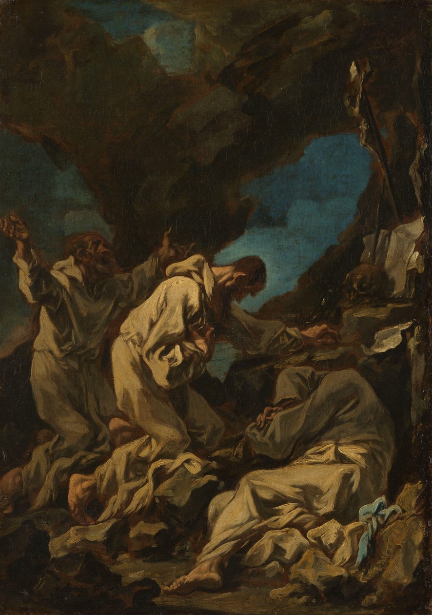 Tres monjes camaldulenses en oración extática de Alessandro Magnasco