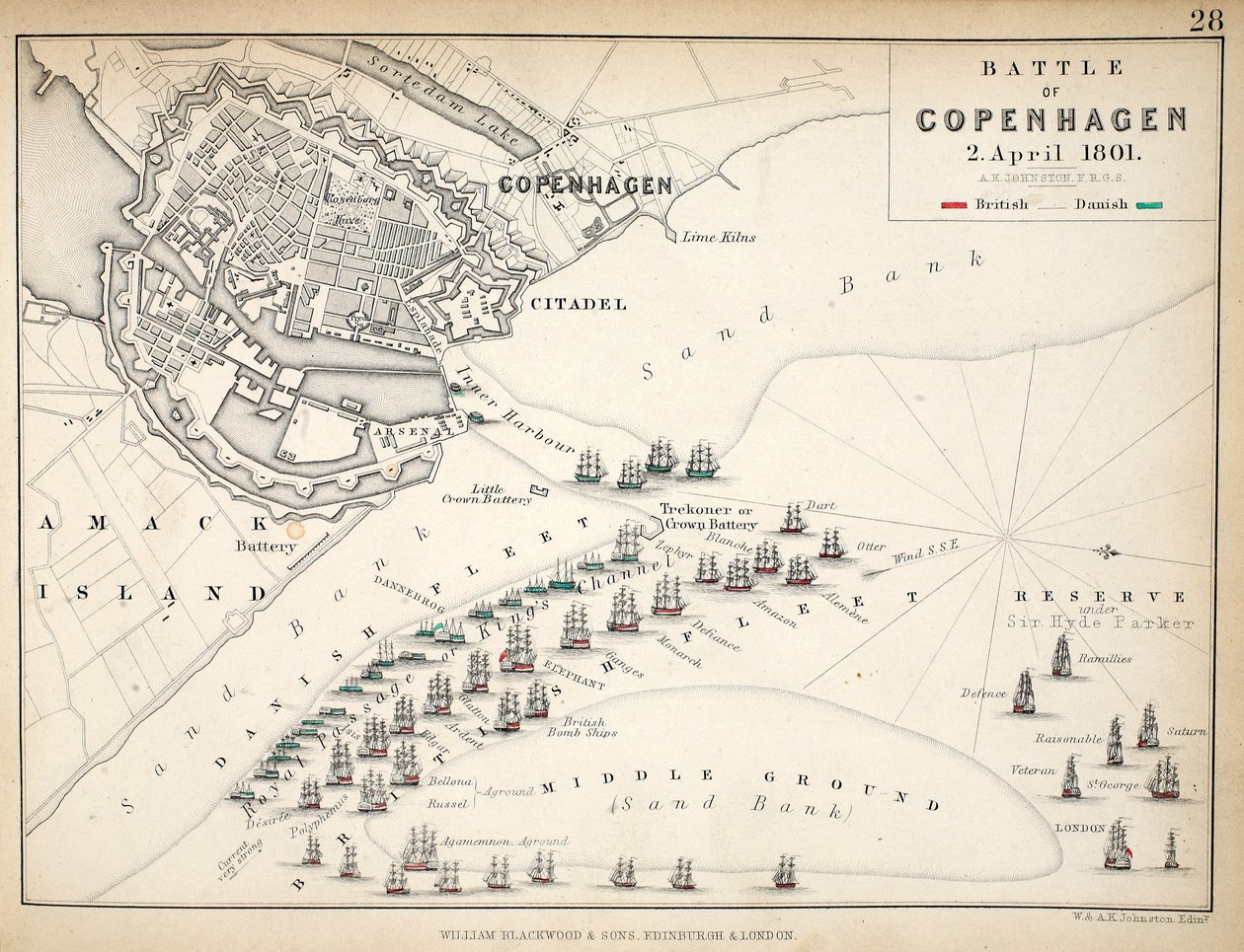 Mapa de la batalla de Copenhague, publicado por William Blackwood and Sons, Edimburgo y Londres, 1848 de Alexander Keith Johnston