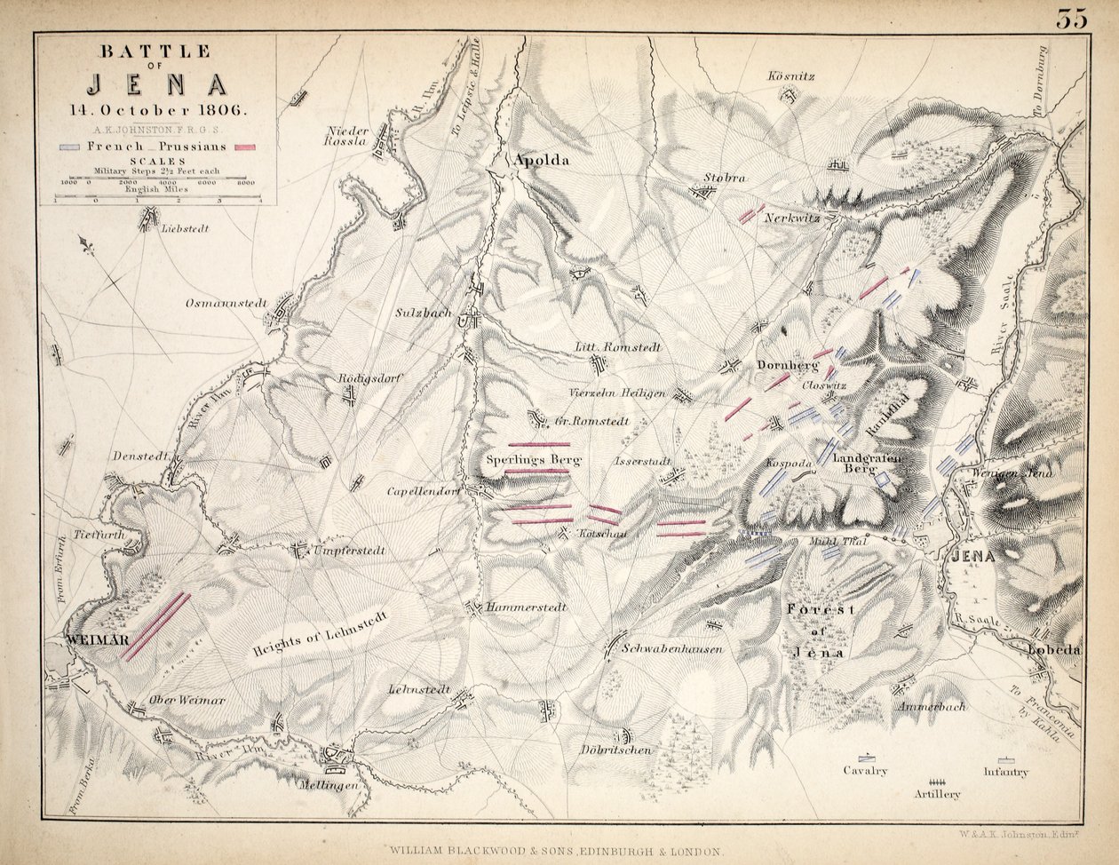 Mapa de la Batalla de Jena, publicado por William Blackwood and Sons, Edimburgo y Londres de Alexander Keith Johnston