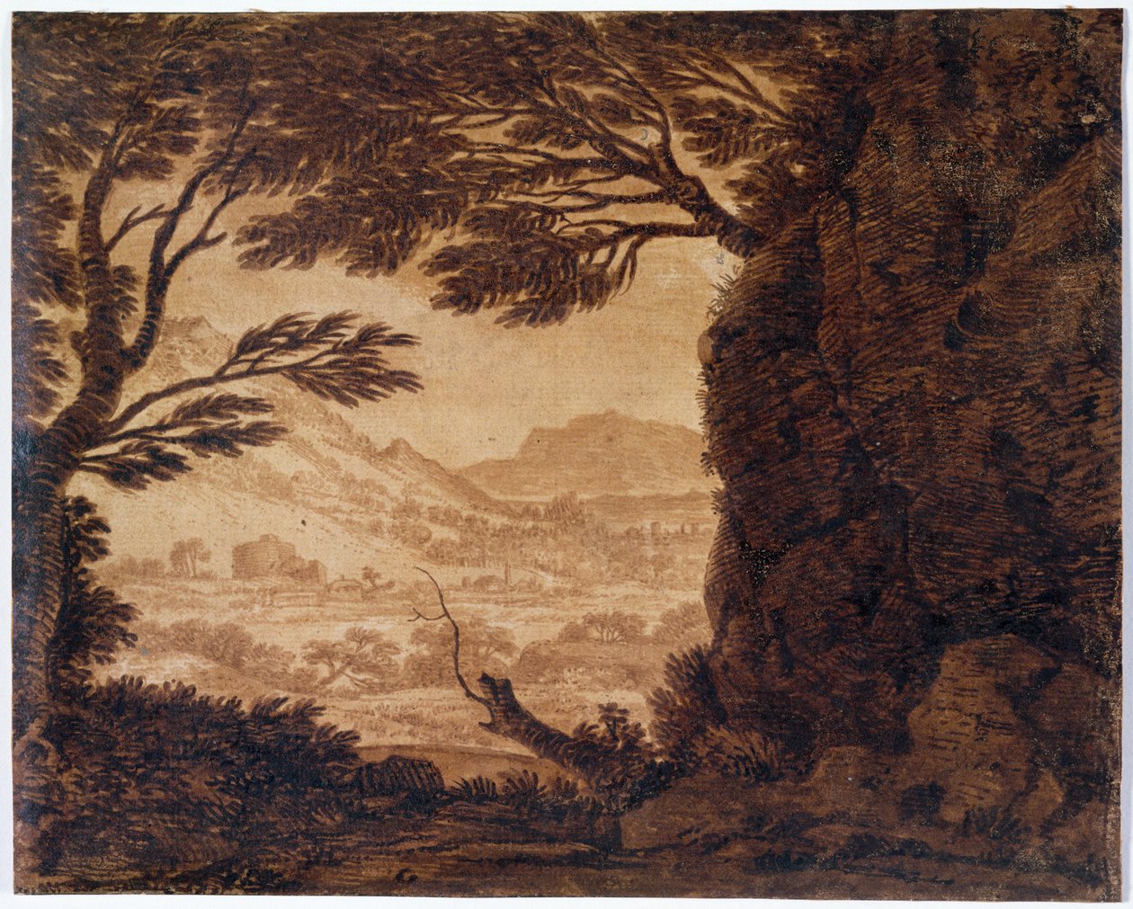 Paisaje clásico, mediados del siglo XVIII (sepia sobre papel) de Alexander Cozens