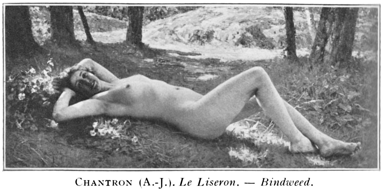 Foto en blanco y negro de una pintura que representa a una mujer desnuda reclinada en un bosque cerca de un grupo de flores con árboles y una cascada poco profunda en el fondo de Alexandre Jacques Chantron