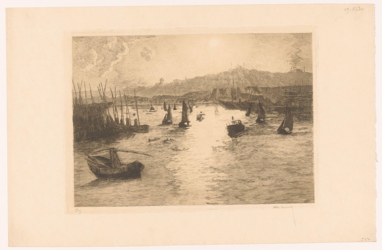 Puerto con puesta de sol de Alexandre Lunois (signed by artist)