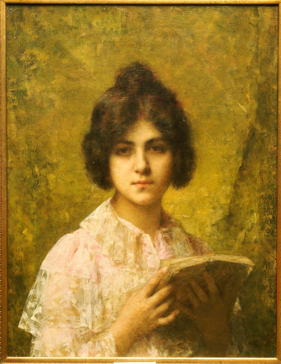 Joven mujer sosteniendo un libro de Alexei Alexevich Harlamoff