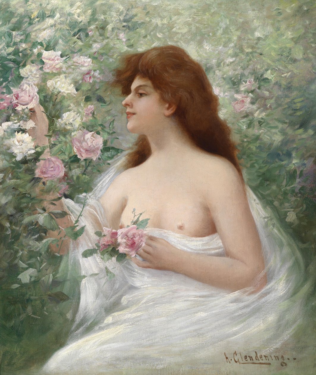 Joven mujer recogiendo rosas de Alfred Augustus Glendening