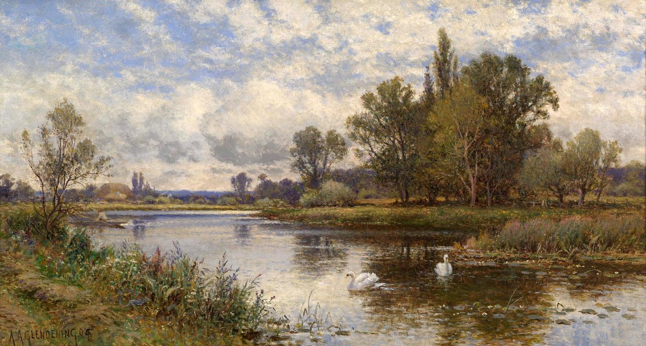 Escena del río con cisnes de Alfred Augustus Glendening