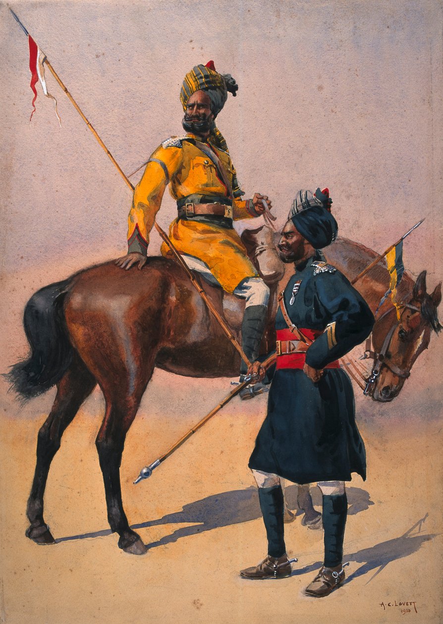 Soldados de los Lanceros del 1er Duque de York (Caballo de Skinner) Musulmán Hindustani y 3er Caballo de Skinner, Rajput Musulmán, ilustración para 