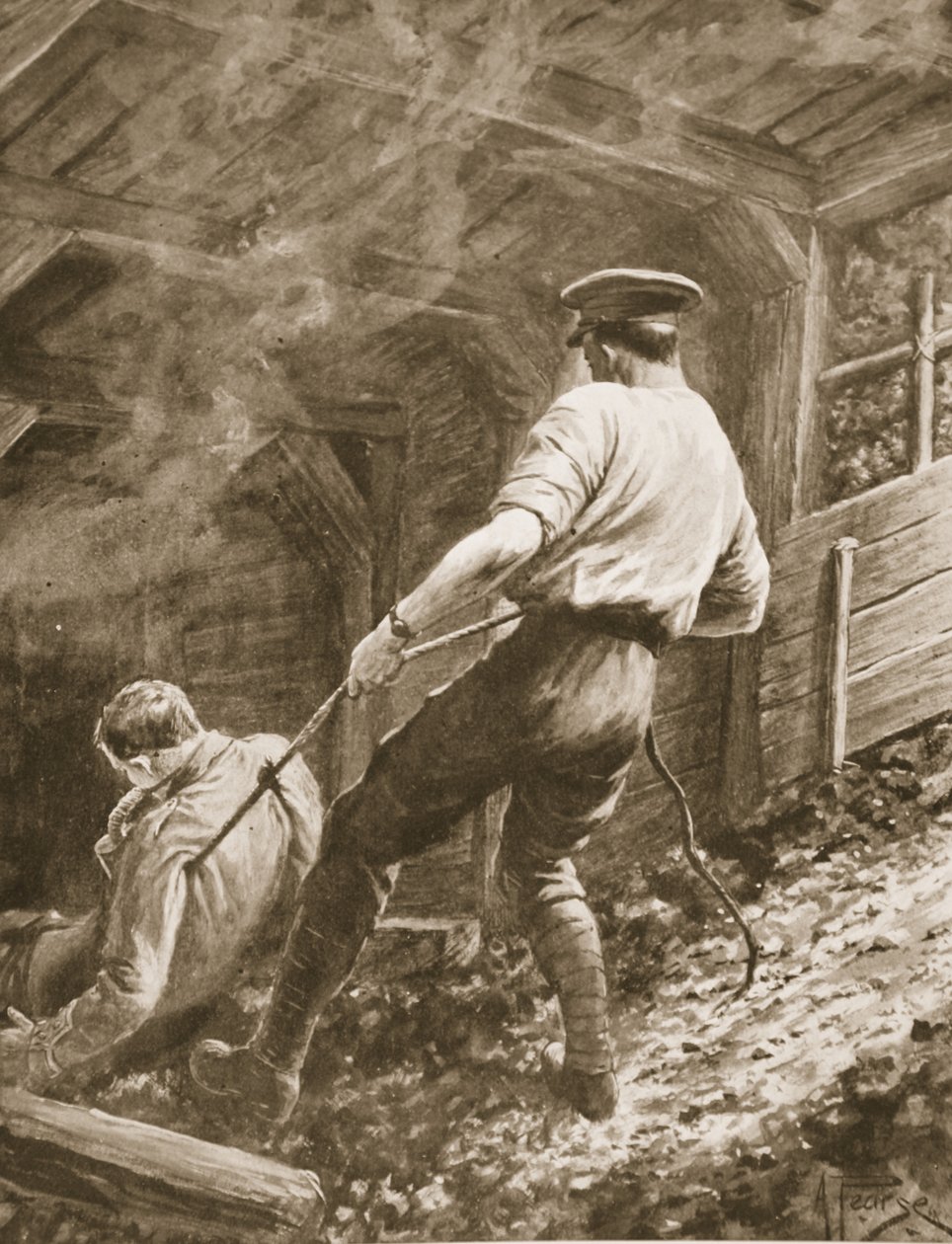El cabo Lance Clapson arrastrando a un oficial que había sido gaseado fuera de una mina de Alfred Pearse