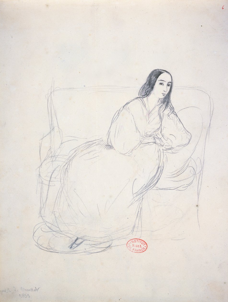 George Sand (1804-1876) sentada en un sofá, 1833 de Alfred de Musset