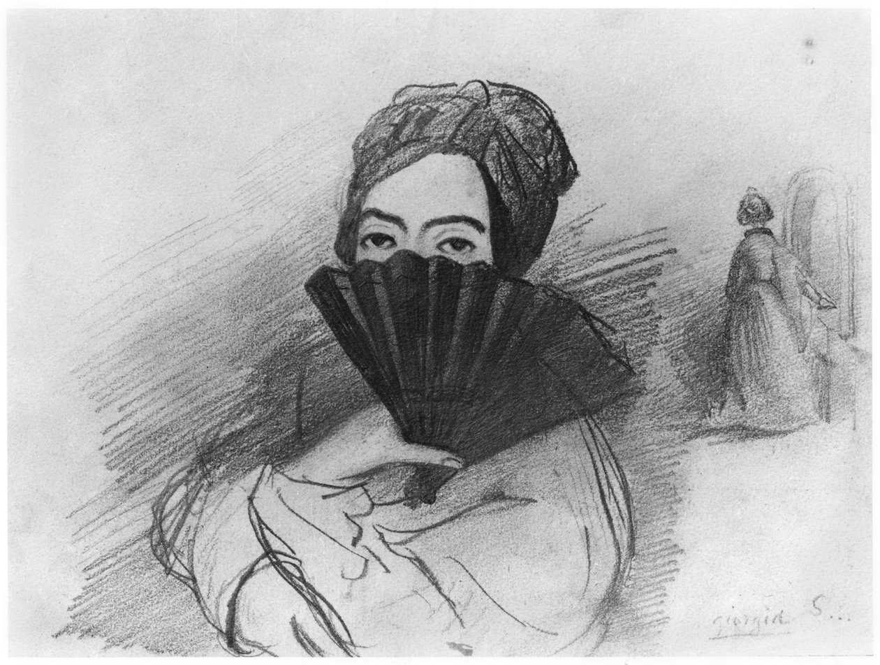 Retrato de George Sand (1804-76) detrás de su Abanico de Alfred de Musset