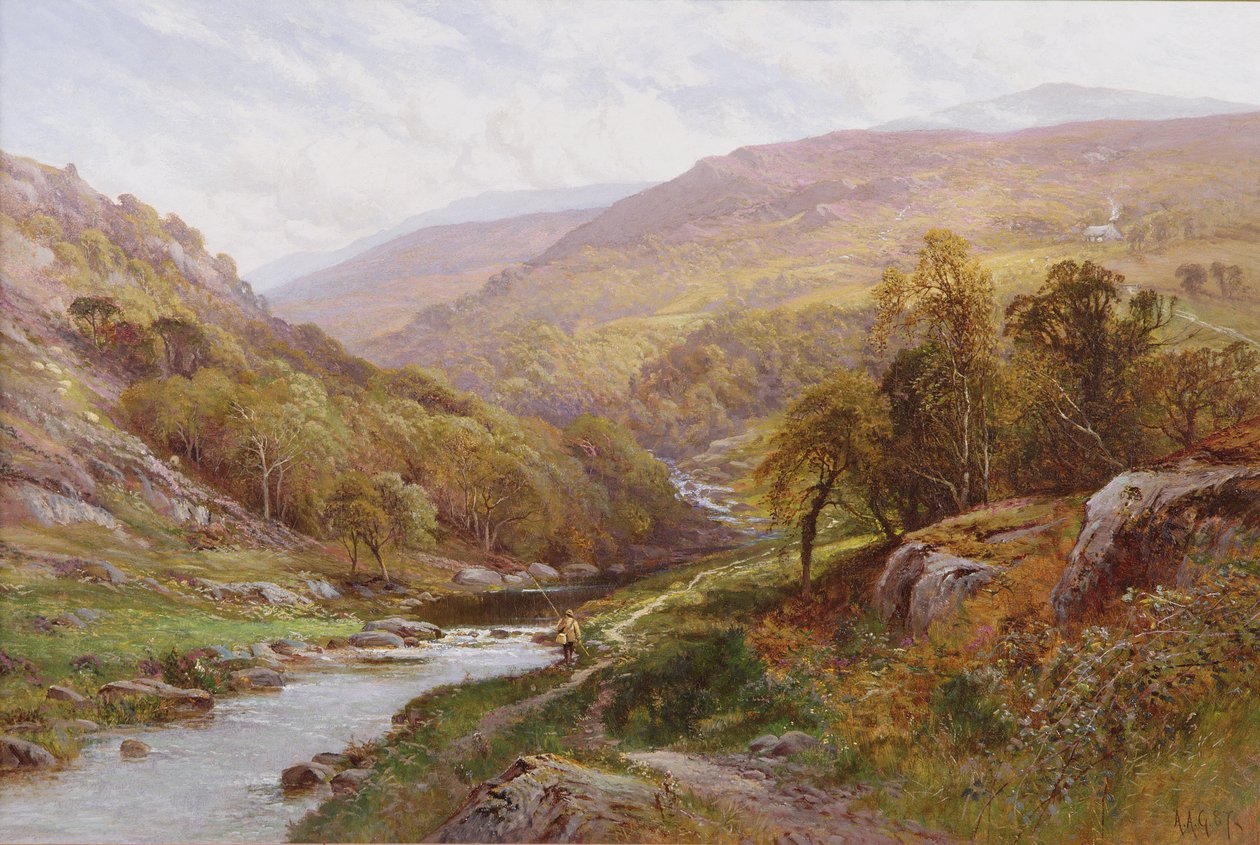Un pescador junto a un arroyo de las tierras altas de Alfred Augustus Glendening