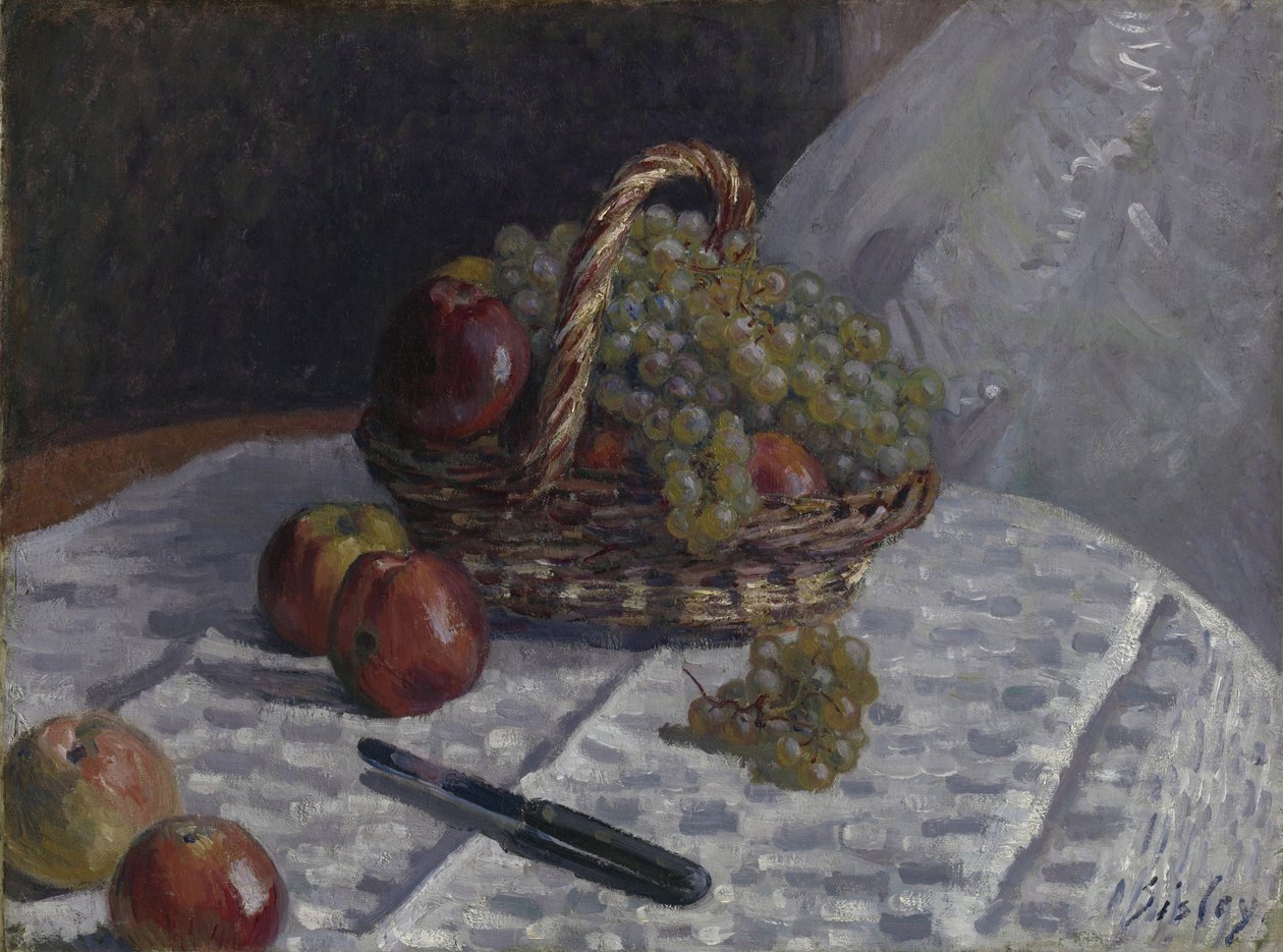 Manzanas y Uvas en una Cesta de Alfred Sisley