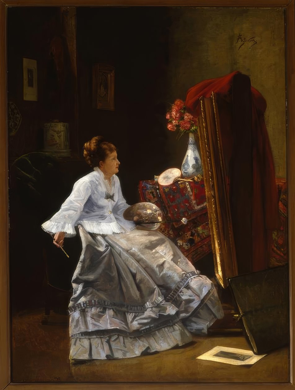 A. Stevens atribuido, dama en su caballete / pintura de Alfred Emile Stevens
