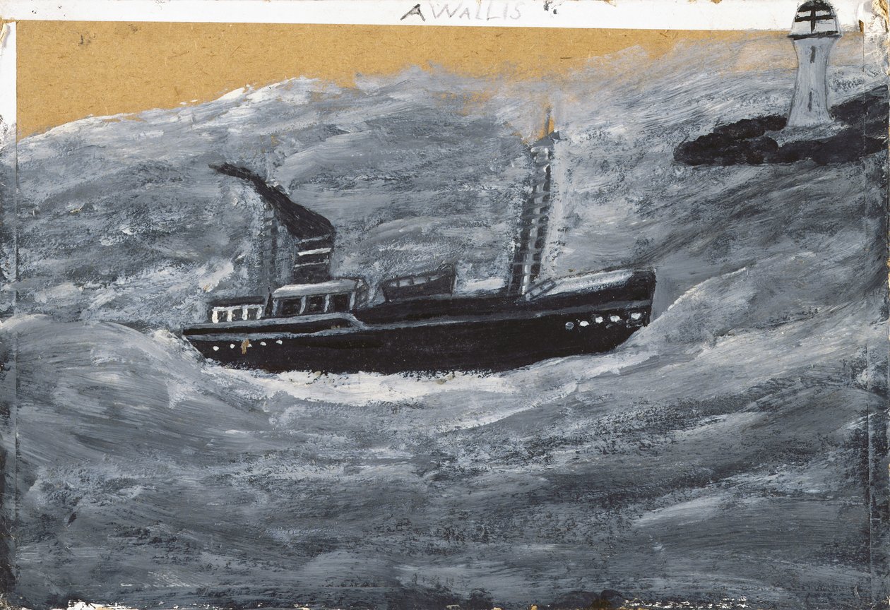 Arrastrero y muelle (óleo sobre cartulina) de Alfred Wallis