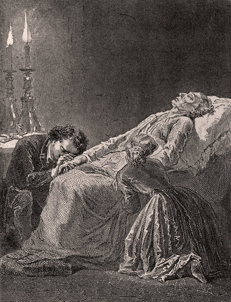 Muerte de Jean Valjean entre Cosette y Marius - ilustración de Los Miserables, siglo XIX de Alphonse Marie de Neuville