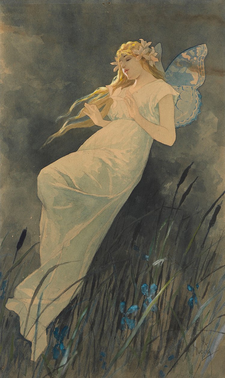 Elfo con flores de iris, ca. 1886-1890 de Alphonse Mucha