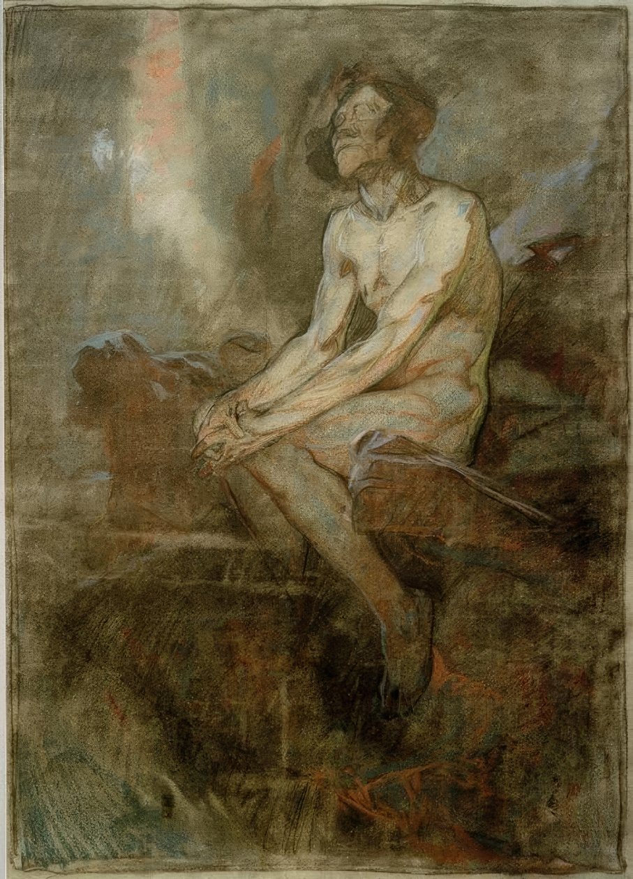 Desnudo masculino sentado en una roca de Alphonse Mucha