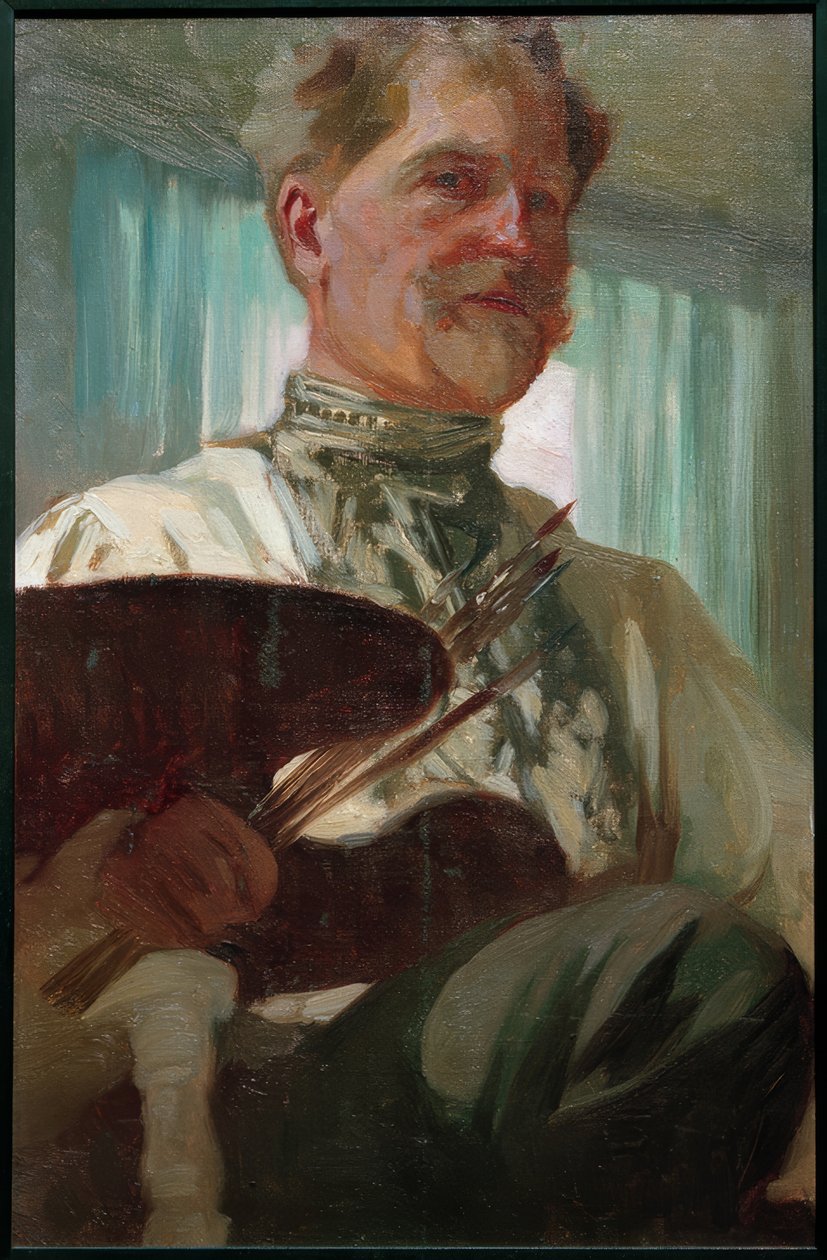 Autorretrato con paleta de Alphonse Mucha