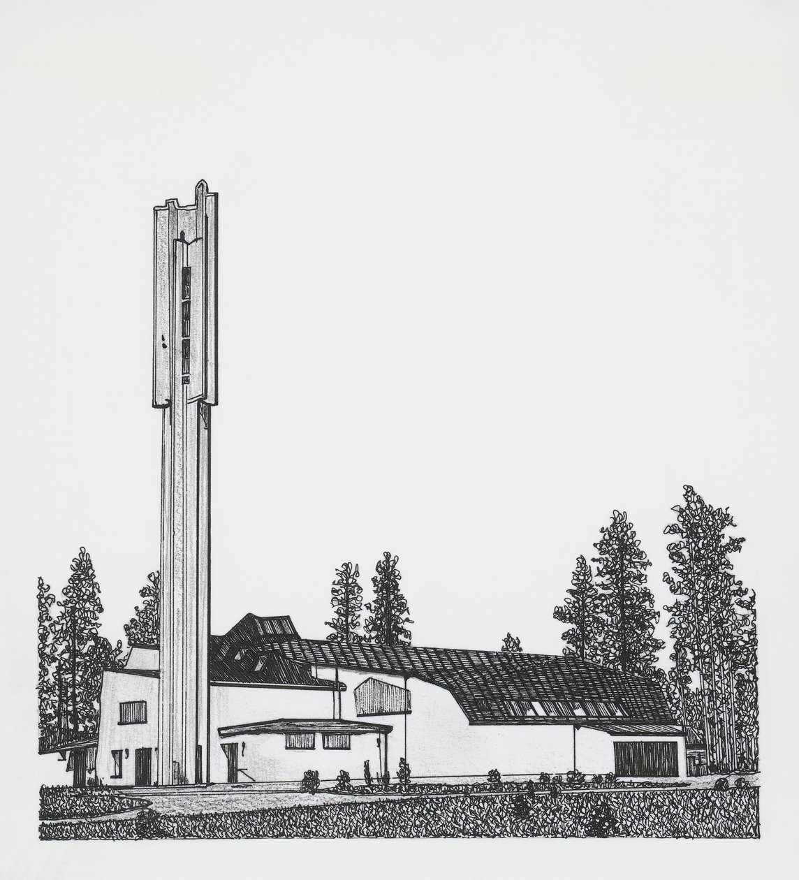 Dibujo de la Iglesia de las Tres Cruces de Alvar Aalto