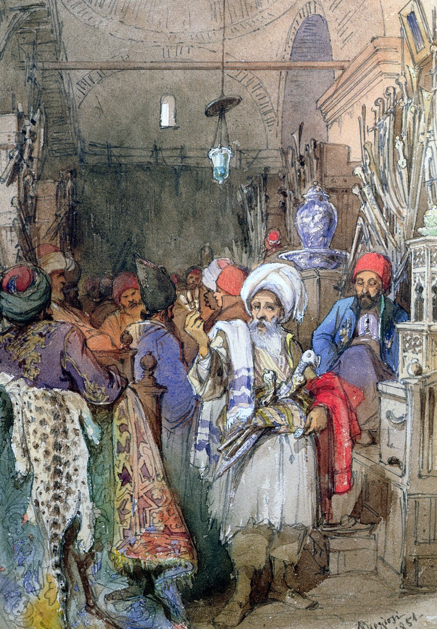 Vendedores en el Bazar Cubierto, Estambul, 1851 de Amadeo Preziosi