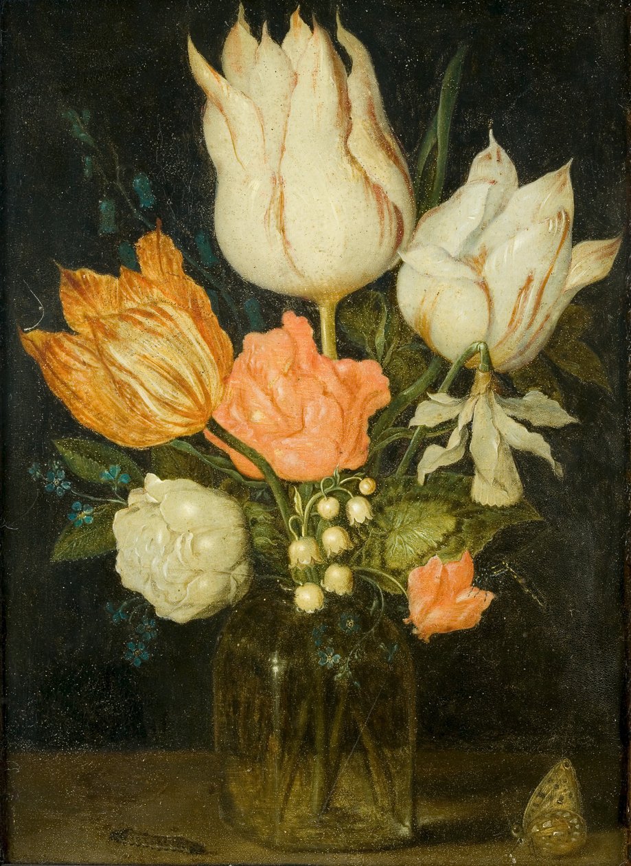 Flores en un pequeño jarrón de vidrio cuadrado de Ambrosius the Elder Bosschaert
