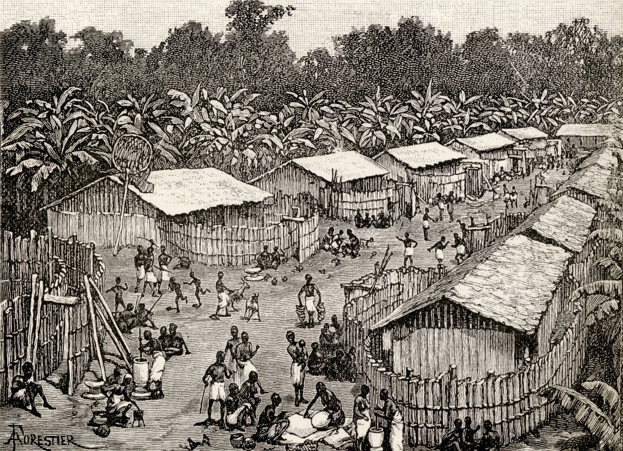 Vista del pueblo de Utiri, Tanzania, 1890 (grabado en madera) de Amedee Forestier