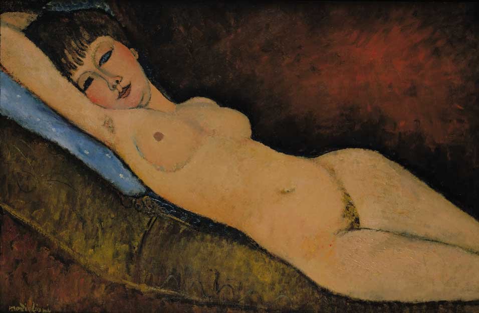 Desnudo acostado sobre cojín azul de Amedeo Modigliani