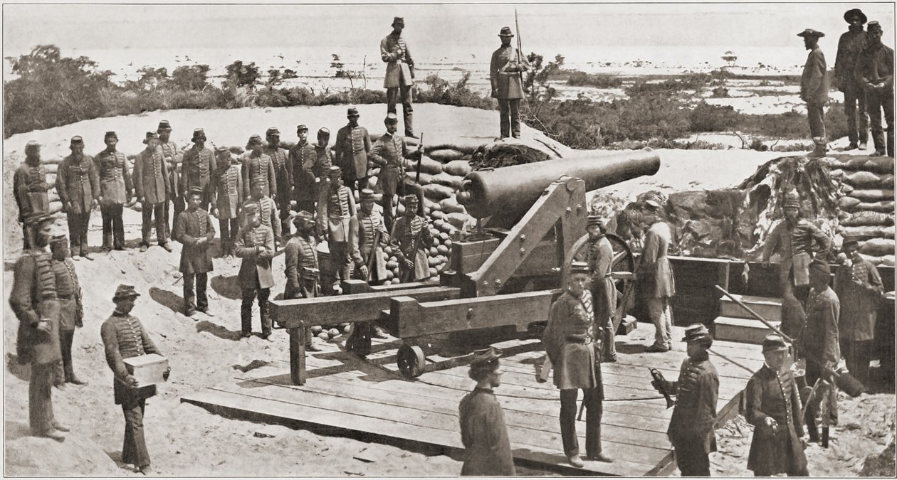 Cañón confederado de 32 libras y artilleros de la milicia vigilando la entrada a la Bahía de Pensacola, Florida, antes de la Guerra Civil Americana, marzo de 1861 de American Photographer