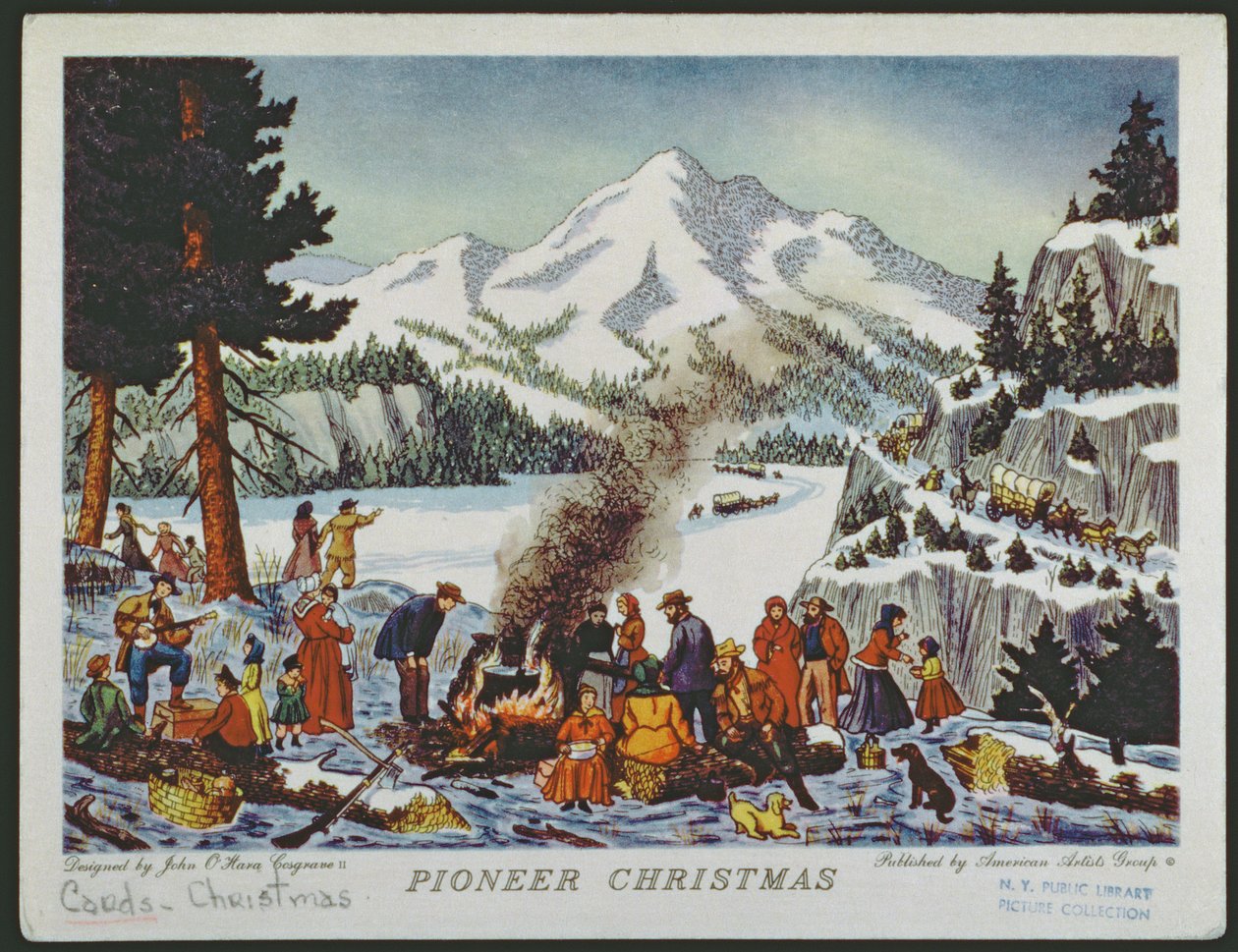 Tarjeta de Navidad que representa una Navidad pionera de American School