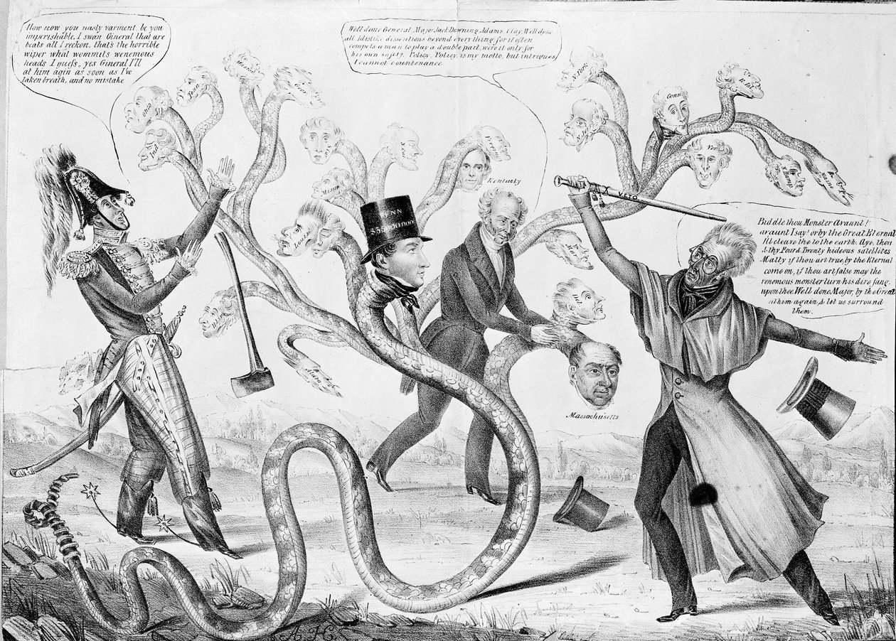 El presidente Andrew Jackson (1767-1845) matando a la Hidra de American School