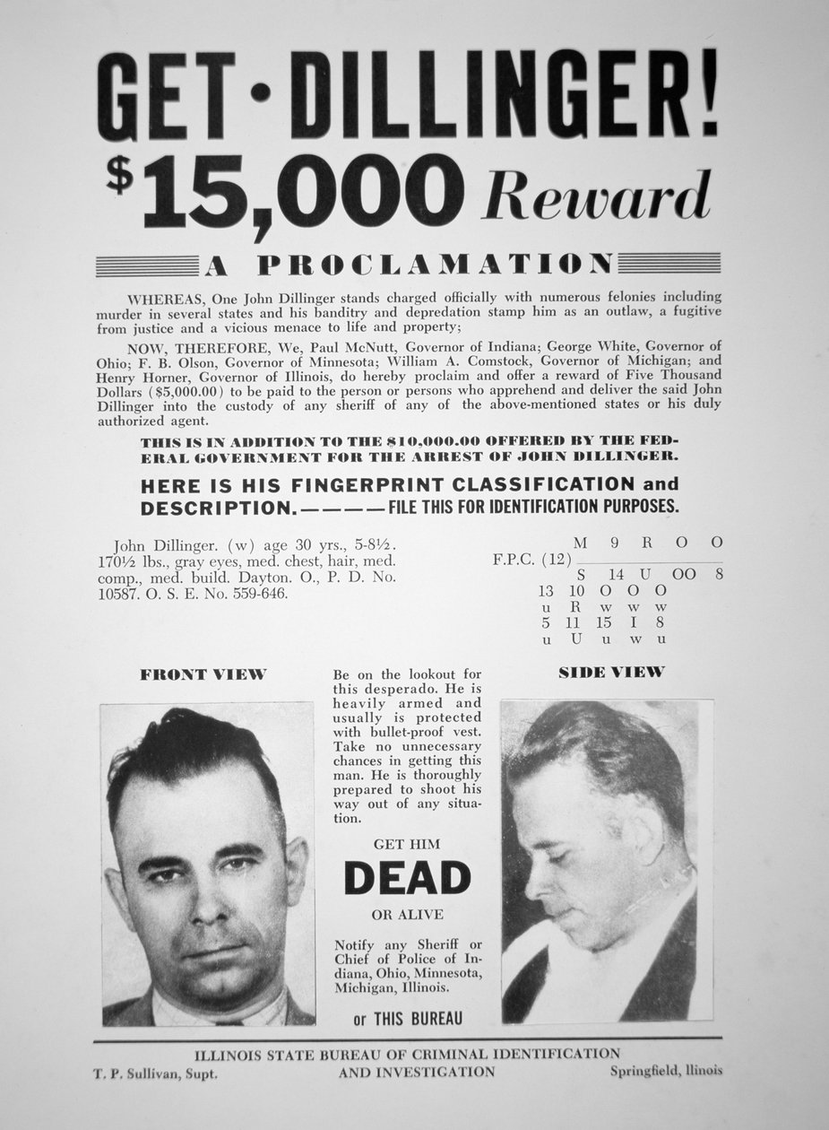 Cartel de recompensa para John Dillinger de American School