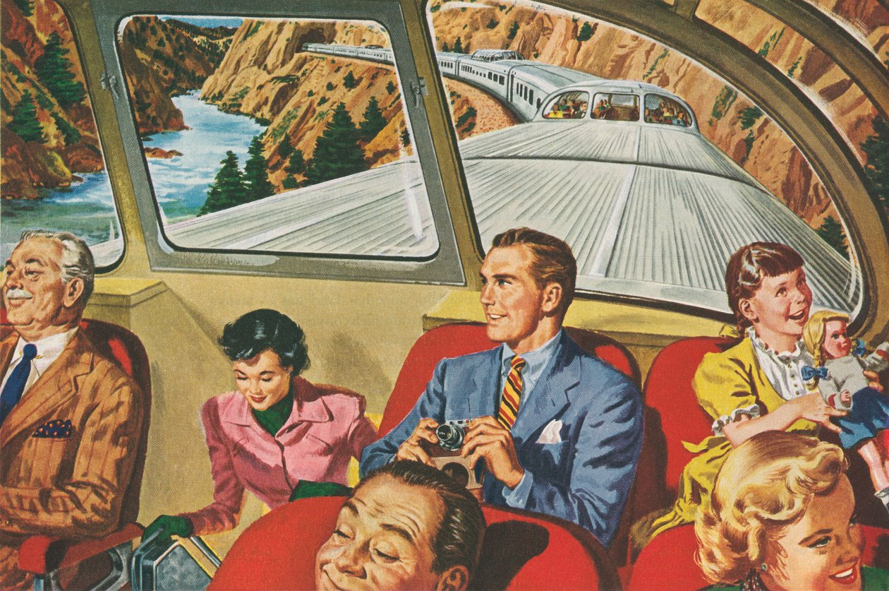 Viajeros disfrutando de un viaje en tren futurista de American School