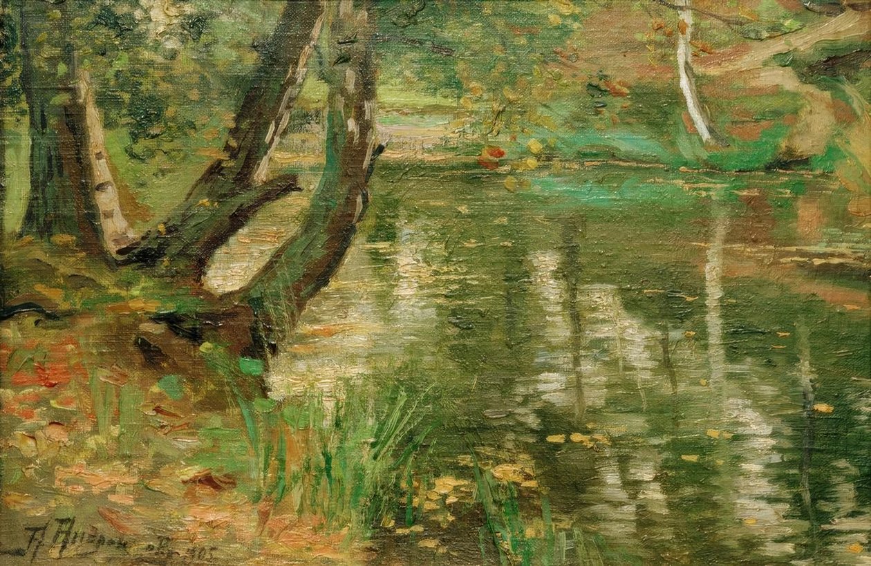 Paisaje fluvial veraniego con árboles de Anatolij Fedorovich Andronov