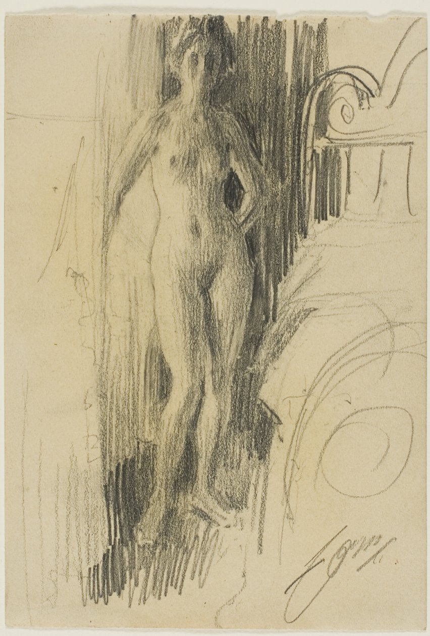 Figura desnuda de pie cerca de una cama de Anders Leonard Zorn